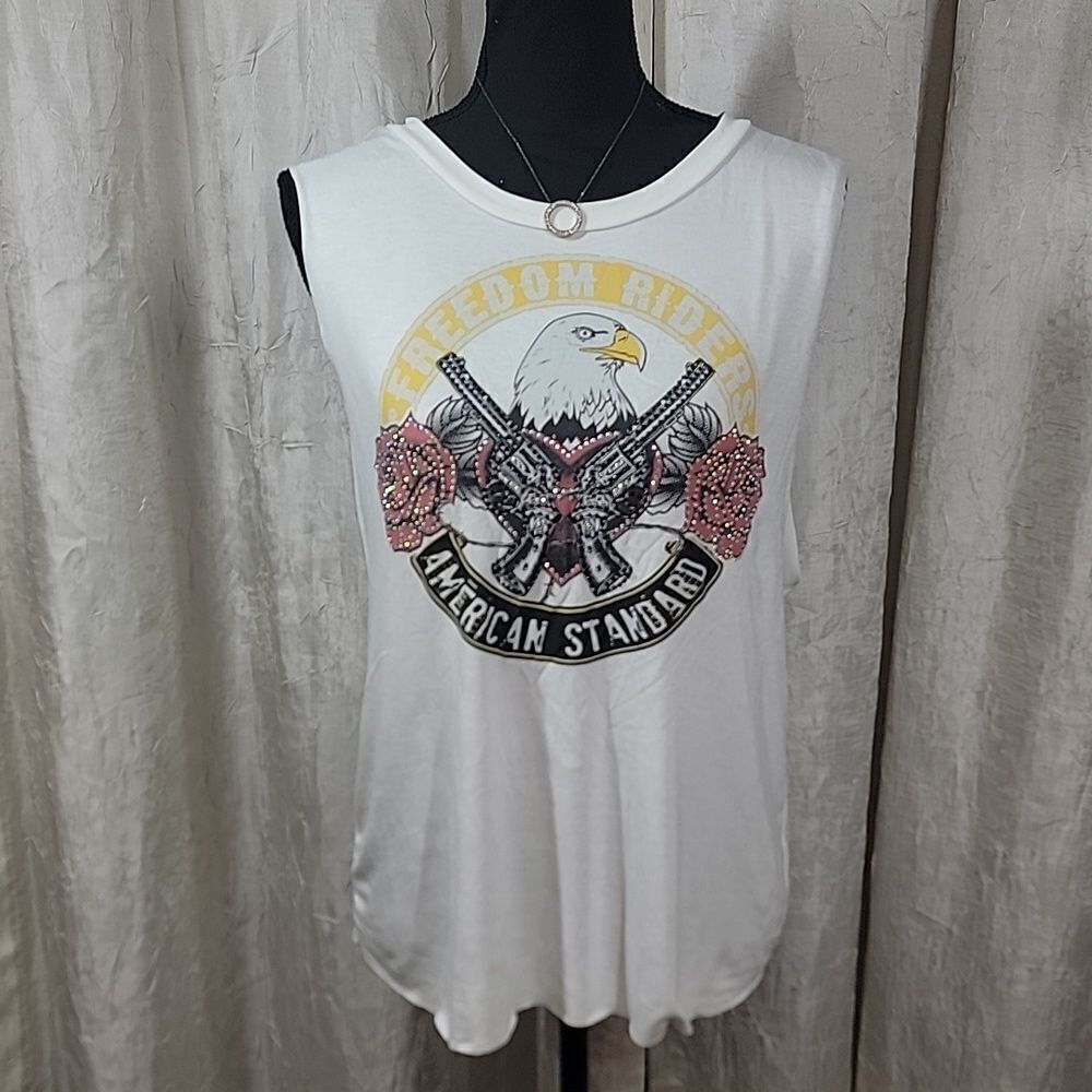 Embellished White Muscle Tank Top, M